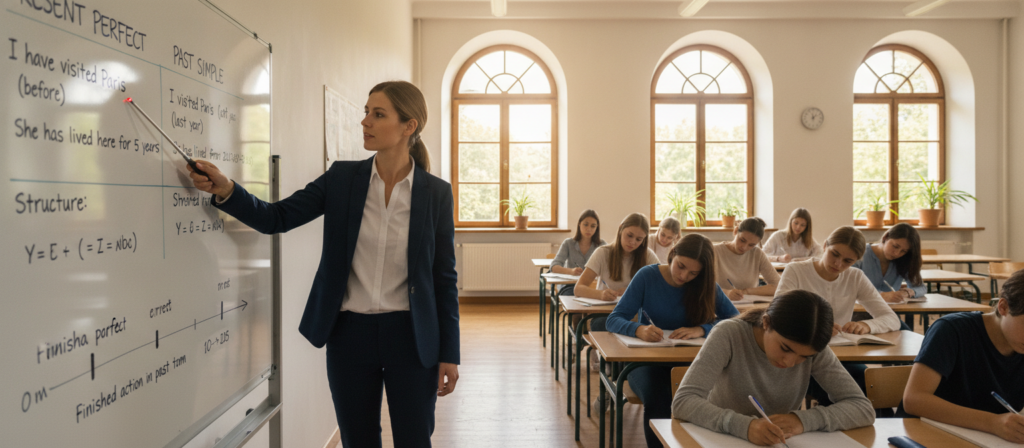 A bright and educational setting depicting the core differences between Present Perfect and Past Simple in English grammar. In the foreground, a professional-looking educator stands beside a large whiteboard filled with neatly written examples of both tenses. The educator, dressed in smart business attire, points to the examples, illustrating the structure and usage of the two grammatical forms. The middle ground shows an engaging classroom environment with focused students seated at desks, taking notes. In the background, large windows let in soft, natural light, creating a warm and inviting atmosphere. The scene captures a moment of learning, emphasizing clarity and understanding between the two grammatical concepts. The lens perspective should be slightly tilted to create depth, highlighting the interaction between the educator and students.