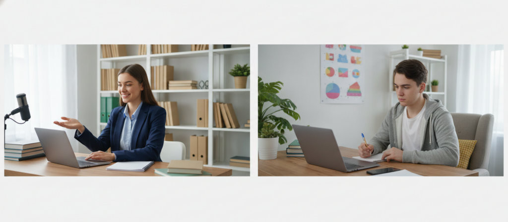 A bright and engaging online learning environment featuring a focused tutor and a student engaged in a video call. In the foreground, the tutor, a young woman in professional business attire, uses a laptop, smiling as she explains a concept. The mid-ground shows the student, a young man in casual yet tidy clothing, sitting comfortably in a well-lit room, taking notes. The background includes bookshelves filled with study materials and a vibrant educational poster. Soft natural light filters through a window, creating a warm atmosphere. The scene should convey a sense of connection, efficiency, and the effectiveness of online teaching, framed from a slightly elevated angle to highlight both subjects. A bright and engaging online learning environment featuring a focused tutor and a student engaged in a video call. In the foreground, the tutor, a young woman in professional business attire, uses a laptop, smiling as she explains a concept. The mid-ground shows the student, a young man in casual yet tidy clothing, sitting comfortably in a well-lit room, taking notes. The background includes bookshelves filled with study materials and a vibrant educational poster. Soft natural light filters through a window, creating a warm atmosphere. The scene should convey a sense of connection, efficiency, and the effectiveness of online teaching, framed from a slightly elevated angle to highlight both subjects.