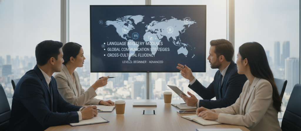 A corporate training session focused on language skills in a modern conference room setting. Foreground: a diverse group of professionals (three men and two women) engaged in a discussion, all dressed in smart business attire. Middle background: a large digital screen displaying a world map with language icons and bullet points regarding training modules. Background: large windows with cityscape views, allowing natural light to fill the room, creating a bright and welcoming atmosphere. The focus is on collaboration and learning, with expressions of engagement and concentration. Use soft, natural lighting to enhance the professional yet inviting mood. Capture the scene from a slightly elevated angle to include both the participants and the visual aids, emphasizing teamwork and interaction in language training. A corporate training session focused on language skills in a modern conference room setting. Foreground: a diverse group of professionals (three men and two women) engaged in a discussion, all dressed in smart business attire. Middle background: a large digital screen displaying a world map with language icons and bullet points regarding training modules. Background: large windows with cityscape views, allowing natural light to fill the room, creating a bright and welcoming atmosphere. The focus is on collaboration and learning, with expressions of engagement and concentration. Use soft, natural lighting to enhance the professional yet inviting mood. Capture the scene from a slightly elevated angle to include both the participants and the visual aids, emphasizing teamwork and interaction in language training.