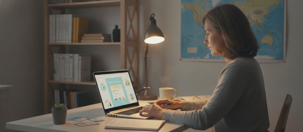 A cozy and modern online learning environment, featuring an adult student focused on their laptop, engaged in a virtual French language class. In the foreground, the student, a middle-aged Caucasian woman in modest casual clothing, sits at a well-organized desk with motivational French language materials, a coffee mug, and a plant. The middle layer shows a soft glow from the laptop screen, illuminating her face, with a subtle display of virtual classroom elements like educational graphics in soft pastel colors on the screen. In the background, a clean and inviting room with bookshelves filled with French literature and a world map featuring France. Soft, warm lighting enhances the atmosphere of learning and motivation, creating an inviting mood. A cozy and modern online learning environment, featuring an adult student focused on their laptop, engaged in a virtual French language class. In the foreground, the student, a middle-aged Caucasian woman in modest casual clothing, sits at a well-organized desk with motivational French language materials, a coffee mug, and a plant. The middle layer shows a soft glow from the laptop screen, illuminating her face, with a subtle display of virtual classroom elements like educational graphics in soft pastel colors on the screen. In the background, a clean and inviting room with bookshelves filled with French literature and a world map featuring France. Soft, warm lighting enhances the atmosphere of learning and motivation, creating an inviting mood.