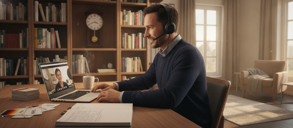 A cozy home office scene showcasing daily German language practices. In the foreground, a cheerful individual (a man in his 30s, dressed in a smart casual outfit) is sitting at a desk, speaking into a headset while looking at a laptop. On the desk, there are German-English flashcards, a notebook with scribbled vocabulary, and a cup of coffee. In the middle background, a bookshelf filled with German literature and language guides is visible, along with a wall clock showing a traditional German time. Soft, warm lighting creates an inviting atmosphere, with sunlight filtering through a window. The overall mood is focused and productive, emphasizing the habit of daily speaking practice in a comfortable environment. A cozy home office scene showcasing daily German language practices. In the foreground, a cheerful individual (a man in his 30s, dressed in a smart casual outfit) is sitting at a desk, speaking into a headset while looking at a laptop. On the desk, there are German-English flashcards, a notebook with scribbled vocabulary, and a cup of coffee. In the middle background, a bookshelf filled with German literature and language guides is visible, along with a wall clock showing a traditional German time. Soft, warm lighting creates an inviting atmosphere, with sunlight filtering through a window. The overall mood is focused and productive, emphasizing the habit of daily speaking practice in a comfortable environment.