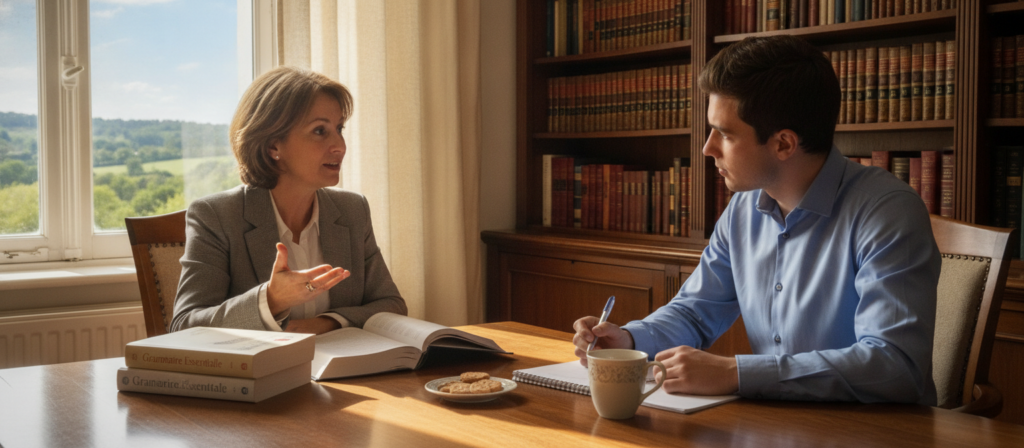 A cozy one-on-one French tutoring session taking place in a bright, inviting study. In the foreground, a native French speaker, a middle-aged woman dressed in smart casual attire, sits across from a young adult student, a man dressed in a professional business shirt. They are engaged in conversation, with a notepad and French textbooks on the table between them. The lighting is warm and natural, coming from a window with soft curtains that diffuses the sunlight. In the middle ground, bookshelves filled with French literature create a scholarly atmosphere. The background features a soft-focus landscape view through the window with trees and blue sky, conveying an inspiring and nurturing mood that emphasizes personal learning and cultural exchange.