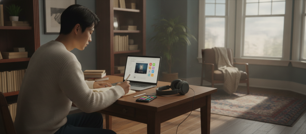 A cozy study room with soft, warm lighting creates an inviting atmosphere for learning English. In the foreground, a young adult, dressed in modest casual clothing, is sitting at a desk with a laptop open displaying a podcast interface. Next to the laptop, various language learning apps are visible on a smartphone. A pair of headphones rests beside them, suggesting immersion in audio lessons. In the middle ground, a bookshelf filled with English language books and study materials enhances the educational theme. The background features a large window with sunlight streaming in, casting gentle shadows across the room. The overall mood is focused and inspirational, emphasizing the use of modern technology for rapid language improvement. A cozy study room with soft, warm lighting creates an inviting atmosphere for learning English. In the foreground, a young adult, dressed in modest casual clothing, is sitting at a desk with a laptop open displaying a podcast interface. Next to the laptop, various language learning apps are visible on a smartphone. A pair of headphones rests beside them, suggesting immersion in audio lessons. In the middle ground, a bookshelf filled with English language books and study materials enhances the educational theme. The background features a large window with sunlight streaming in, casting gentle shadows across the room. The overall mood is focused and inspirational, emphasizing the use of modern technology for rapid language improvement.
