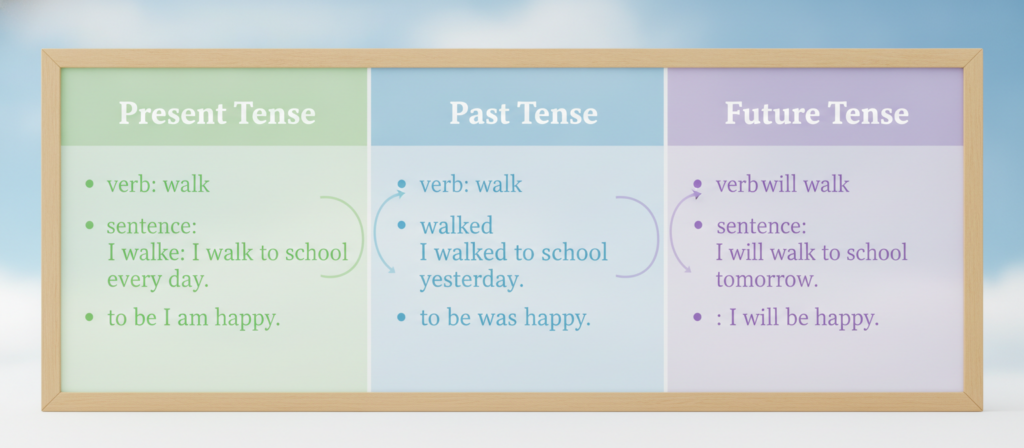A detailed chart illustrating the concept of English tenses: present, past, and future. The foreground features a well-organized table with three distinct columns labeled "Present Tense," "Past Tense," and "Future Tense," each with visually distinguishable colors. Each section includes concise examples in bullet points: verbs, sentences, and their transformations across tenses. The middle layer contains subtle, colorful arrows connecting related examples, showcasing the relationships between tenses. The background is a soft gradient of blue and white, giving the image a calm and educational atmosphere. Soft lighting highlights the chart, creating a clean and professional look, while a slight depth of field effect keeps the focus on the tenses with a warm, inviting mood that encourages learning. A detailed chart illustrating the concept of English tenses: present, past, and future. The foreground features a well-organized table with three distinct columns labeled "Present Tense," "Past Tense," and "Future Tense," each with visually distinguishable colors. Each section includes concise examples in bullet points: verbs, sentences, and their transformations across tenses. The middle layer contains subtle, colorful arrows connecting related examples, showcasing the relationships between tenses. The background is a soft gradient of blue and white, giving the image a calm and educational atmosphere. Soft lighting highlights the chart, creating a clean and professional look, while a slight depth of field effect keeps the focus on the tenses with a warm, inviting mood that encourages learning.
