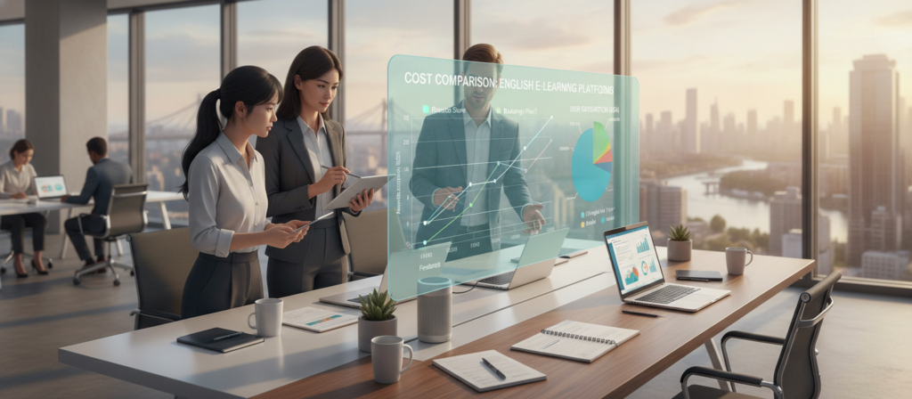 A digital illustration focusing on the comparison of e-learning platforms for English language courses, featuring a sleek and modern workspace as the foreground. A diverse group of three professional individuals, two women and one man, are engaged in a discussion, analyzing charts and graphs on a large screen displaying cost comparisons of various platforms. In the middle ground, a stylish desk cluttered with laptops, notebooks, and coffee cups enhances the working atmosphere. The background presents a bright and inviting office environment with windows showing a cityscape, allowing natural light to flood the scene. The mood is focused and analytical, capturing the essence of educational evaluation with a contemporary touch. The angle is slightly elevated, offering a dynamic perspective that emphasizes collaboration and technology. A digital illustration focusing on the comparison of e-learning platforms for English language courses, featuring a sleek and modern workspace as the foreground. A diverse group of three professional individuals, two women and one man, are engaged in a discussion, analyzing charts and graphs on a large screen displaying cost comparisons of various platforms. In the middle ground, a stylish desk cluttered with laptops, notebooks, and coffee cups enhances the working atmosphere. The background presents a bright and inviting office environment with windows showing a cityscape, allowing natural light to flood the scene. The mood is focused and analytical, capturing the essence of educational evaluation with a contemporary touch. The angle is slightly elevated, offering a dynamic perspective that emphasizes collaboration and technology.