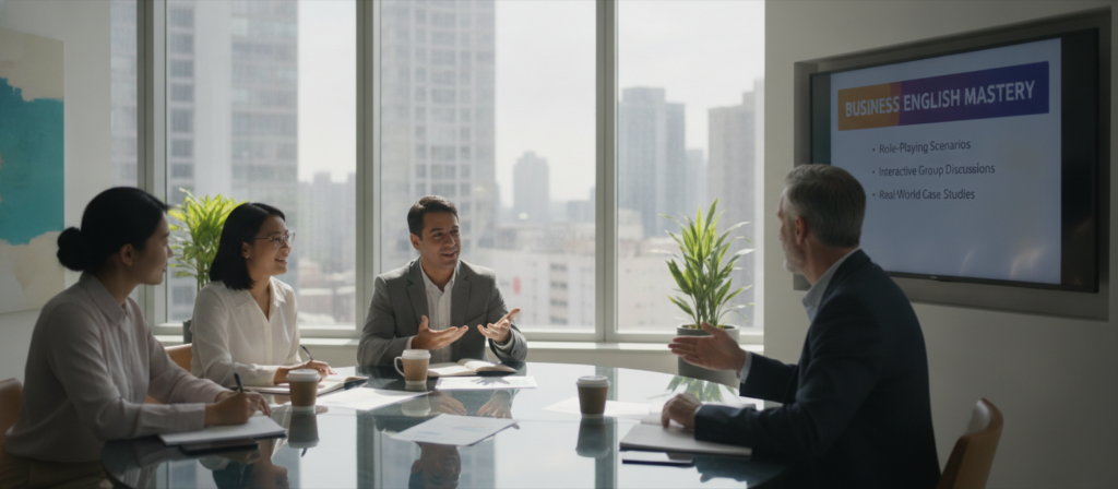 A diverse group of professional employees engaged in a business English training session in a modern office setting. In the foreground, a male middle-aged trainer demonstrates a digital presentation on a large screen, showcasing key training methods like role-playing and interactive exercises. To the left, a young Asian woman takes notes, while a Black woman and a Hispanic man actively participate in a group discussion, all dressed in professional attire. The middle ground features a circular table with notebooks, pens, and coffee cups, conveying a collaborative atmosphere. The background includes large windows allowing natural light to stream in, creating a vibrant and motivating environment that emphasizes teamwork and learning. The overall mood is focused and energetic, highlighting the importance of effective training in a business context. A diverse group of professional employees engaged in a business English training session in a modern office setting. In the foreground, a male middle-aged trainer demonstrates a digital presentation on a large screen, showcasing key training methods like role-playing and interactive exercises. To the left, a young Asian woman takes notes, while a Black woman and a Hispanic man actively participate in a group discussion, all dressed in professional attire. The middle ground features a circular table with notebooks, pens, and coffee cups, conveying a collaborative atmosphere. The background includes large windows allowing natural light to stream in, creating a vibrant and motivating environment that emphasizes teamwork and learning. The overall mood is focused and energetic, highlighting the importance of effective training in a business context.