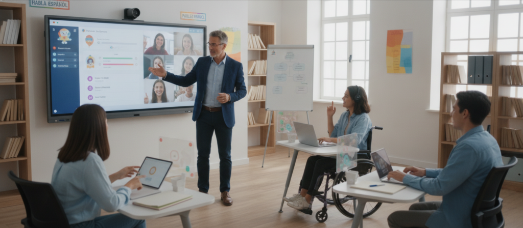 A human language teacher standing in a modern hybrid classroom, with a blend of physical and digital learning tools around. In the foreground, the teacher, a middle-aged person in professional business attire, engages with students via a large screen displaying interactive language lessons. The middle ground showcases diverse students, some present in-class and others appearing on the screen from home, actively participating with focused expressions. The background features a well-lit room with educational posters, bookshelves, and a digital whiteboard. Soft, natural lighting fills the space, creating an inviting atmosphere. The angle is slightly elevated, providing a clear view of the classroom dynamics and emphasizing engagement in language learning through both human interaction and technology. A human language teacher standing in a modern hybrid classroom, with a blend of physical and digital learning tools around. In the foreground, the teacher, a middle-aged person in professional business attire, engages with students via a large screen displaying interactive language lessons. The middle ground showcases diverse students, some present in-class and others appearing on the screen from home, actively participating with focused expressions. The background features a well-lit room with educational posters, bookshelves, and a digital whiteboard. Soft, natural lighting fills the space, creating an inviting atmosphere. The angle is slightly elevated, providing a clear view of the classroom dynamics and emphasizing engagement in language learning through both human interaction and technology.