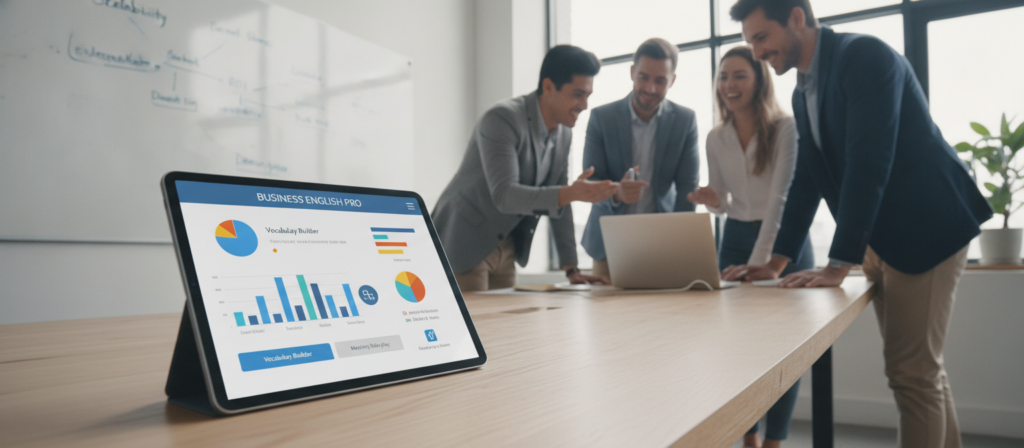 A modern and inviting workspace showcasing a business English learning app on a tablet. In the foreground, a sleek tablet displays the app interface with colorful graphs and interactive features. A diverse group of professionals, dressed in smart casual attire, collaborates around a stylish wooden table, engaged in a lively discussion about their language learning progress. In the middle background, a large whiteboard filled with business vocabulary terms and diagrams is visible. Soft, natural lighting illuminates the space, creating a motivating atmosphere. The camera angle is slightly elevated, capturing the unity of the team and the vibrant learning environment, embodying a productive and inspiring mood, perfect for the theme of online business English education. A modern and inviting workspace showcasing a business English learning app on a tablet. In the foreground, a sleek tablet displays the app interface with colorful graphs and interactive features. A diverse group of professionals, dressed in smart casual attire, collaborates around a stylish wooden table, engaged in a lively discussion about their language learning progress. In the middle background, a large whiteboard filled with business vocabulary terms and diagrams is visible. Soft, natural lighting illuminates the space, creating a motivating atmosphere. The camera angle is slightly elevated, capturing the unity of the team and the vibrant learning environment, embodying a productive and inspiring mood, perfect for the theme of online business English education.