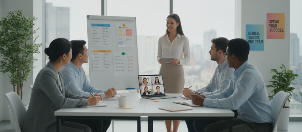 A modern corporate language training environment, showcasing a diverse group of professionals engaged in personalized and group language lessons. In the foreground, depict a small group of individuals, including men and women of different ethnicities, focused on a language tutor, who is also dressed in professional attire. In the middle, include a whiteboard with language charts and a laptop open with a video call interface displaying other participants. The background should feature a bright, well-lit office space with large windows, plants, and motivational posters related to language learning. The mood is collaborative and inspiring, emphasizing professional growth and teamwork. Use soft, natural lighting to create an inviting atmosphere, shot from a slightly elevated angle to capture the engagement of the participants. A modern corporate language training environment, showcasing a diverse group of professionals engaged in personalized and group language lessons. In the foreground, depict a small group of individuals, including men and women of different ethnicities, focused on a language tutor, who is also dressed in professional attire. In the middle, include a whiteboard with language charts and a laptop open with a video call interface displaying other participants. The background should feature a bright, well-lit office space with large windows, plants, and motivational posters related to language learning. The mood is collaborative and inspiring, emphasizing professional growth and teamwork. Use soft, natural lighting to create an inviting atmosphere, shot from a slightly elevated angle to capture the engagement of the participants.