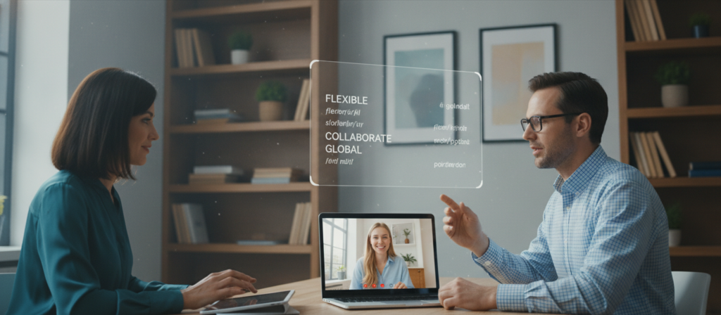 A modern online English language classroom, featuring a diverse group of three professionals engaged in a virtual lesson. In the foreground, a focused woman with dark hair, wearing a smart blouse, sits at a laptop, taking notes. Beside her, a man with glasses, dressed in a casual button-up shirt, interacts with a digital whiteboard displaying English vocabulary. In the background, a cozy, well-lit home office filled with bookshelves and plants creates a warm atmosphere. Soft, natural light streams in through a window, casting gentle shadows. The composition emphasizes collaboration and learning, illustrating the convenience and engagement of online language education. A modern online English language classroom, featuring a diverse group of three professionals engaged in a virtual lesson. In the foreground, a focused woman with dark hair, wearing a smart blouse, sits at a laptop, taking notes. Beside her, a man with glasses, dressed in a casual button-up shirt, interacts with a digital whiteboard displaying English vocabulary. In the background, a cozy, well-lit home office filled with bookshelves and plants creates a warm atmosphere. Soft, natural light streams in through a window, casting gentle shadows. The composition emphasizes collaboration and learning, illustrating the convenience and engagement of online language education.