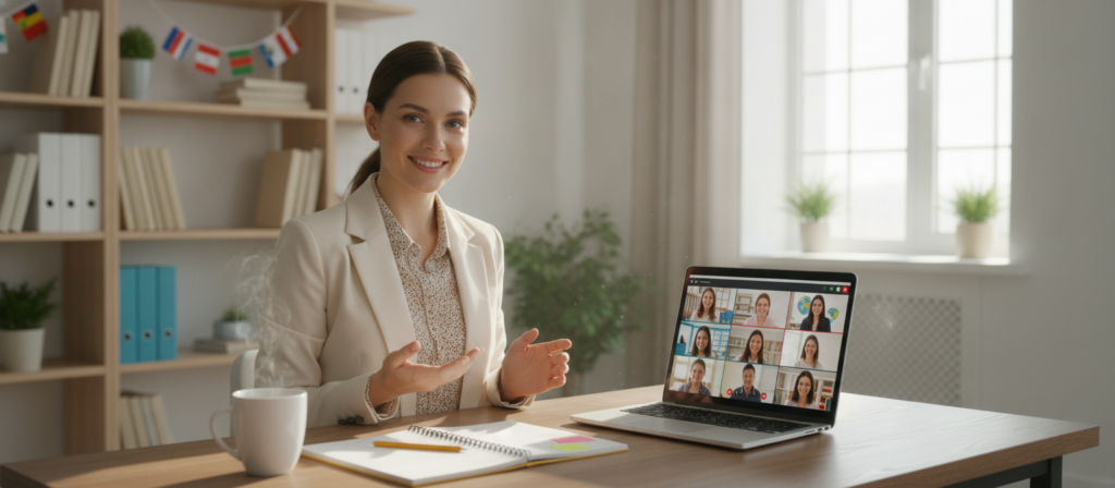 A modern online language teaching setup, featuring a sleek laptop on a stylish wooden desk, with a vibrant virtual classroom displayed on the screen. In the foreground, a smiling professional female instructor in business attire is engaging with students through a video call; her demeanor is friendly and encouraging. In the middle ground, a coffee cup and notepad with notes are neatly placed beside the laptop, signifying preparation and organization. The background shows a bright, well-lit room with bookshelves filled with language learning materials, and a large window allowing natural light to flood in, creating a warm and inviting atmosphere. The image captures the essence of efficient online language learning, emphasizing technology and personal interaction, with soft lighting and a focus on the instructor’s positive expression. A modern online language teaching setup, featuring a sleek laptop on a stylish wooden desk, with a vibrant virtual classroom displayed on the screen. In the foreground, a smiling professional female instructor in business attire is engaging with students through a video call; her demeanor is friendly and encouraging. In the middle ground, a coffee cup and notepad with notes are neatly placed beside the laptop, signifying preparation and organization. The background shows a bright, well-lit room with bookshelves filled with language learning materials, and a large window allowing natural light to flood in, creating a warm and inviting atmosphere. The image captures the essence of efficient online language learning, emphasizing technology and personal interaction, with soft lighting and a focus on the instructor’s positive expression.