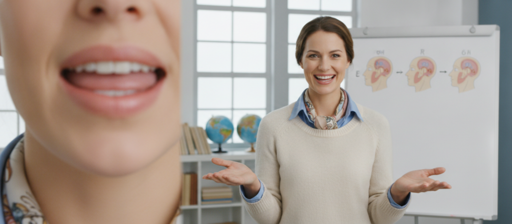 A professional language instructor demonstrating "pronunciation practice with mouth and tongue positioning exercises." In the foreground, capture a close-up of the instructor's mouth in a neutral position, showcasing the subtle movements of the lips and tongue as they practice vowel and consonant sounds. In the middle ground, include the instructor from the waist up, dressed in smart-casual attire, performing specific mouth shapes and gestures. The background features a simple, well-lit classroom environment, with a whiteboard displaying diagrams of articulatory positions. Soft, diffused lighting casts gentle shadows, establishing a focused yet approachable atmosphere. The overall mood is educational and encouraging, aimed at enhancing communication skills, with a clear emphasis on mouth and tongue articulation techniques. A professional language instructor demonstrating "pronunciation practice with mouth and tongue positioning exercises." In the foreground, capture a close-up of the instructor's mouth in a neutral position, showcasing the subtle movements of the lips and tongue as they practice vowel and consonant sounds. In the middle ground, include the instructor from the waist up, dressed in smart-casual attire, performing specific mouth shapes and gestures. The background features a simple, well-lit classroom environment, with a whiteboard displaying diagrams of articulatory positions. Soft, diffused lighting casts gentle shadows, establishing a focused yet approachable atmosphere. The overall mood is educational and encouraging, aimed at enhancing communication skills, with a clear emphasis on mouth and tongue articulation techniques.