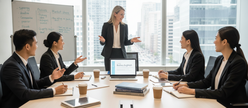 A professional language training provider for business English, depicted in a modern office setting. In the foreground, a diverse group of business professionals, dressed in smart business attire, are engaged in an interactive language training session with an enthusiastic instructor. The middle ground features a large conference table with laptops, textbooks, and digital devices showcasing business English content. The background shows a large whiteboard filled with vocabulary words and business phrases. The lighting is bright and inviting, casting a warm glow over the scene, while a large window reveals a bustling cityscape outside, adding to the dynamic atmosphere of professional growth and collaboration. A professional language training provider for business English, depicted in a modern office setting. In the foreground, a diverse group of business professionals, dressed in smart business attire, are engaged in an interactive language training session with an enthusiastic instructor. The middle ground features a large conference table with laptops, textbooks, and digital devices showcasing business English content. The background shows a large whiteboard filled with vocabulary words and business phrases. The lighting is bright and inviting, casting a warm glow over the scene, while a large window reveals a bustling cityscape outside, adding to the dynamic atmosphere of professional growth and collaboration.