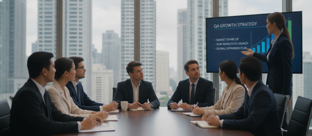 A professional meeting scene in a modern conference room, showcasing a diverse group of business professionals in smart attire—men in suits and women in blouses and blazers. In the foreground, a confident presenter gestures towards a large projector screen displaying graphs and bullet points. The middle ground features engaged attendees, actively taking notes and making eye contact. The background reveals large windows with cityscape views, allowing natural light to flood the room, creating a bright and inviting atmosphere. The mood is focused and collaborative, emphasizing the importance of effective communication in English during meetings. Camera angle is slightly elevated to capture the dynamics of the presentation and audience interaction, with soft, even lighting highlighting the participants' expressions. A professional meeting scene in a modern conference room, showcasing a diverse group of business professionals in smart attire—men in suits and women in blouses and blazers. In the foreground, a confident presenter gestures towards a large projector screen displaying graphs and bullet points. The middle ground features engaged attendees, actively taking notes and making eye contact. The background reveals large windows with cityscape views, allowing natural light to flood the room, creating a bright and inviting atmosphere. The mood is focused and collaborative, emphasizing the importance of effective communication in English during meetings. Camera angle is slightly elevated to capture the dynamics of the presentation and audience interaction, with soft, even lighting highlighting the participants' expressions.