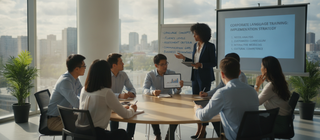 A professional office setting where a diverse group of employees is engaged in a language needs assessment workshop. In the foreground, a facilitator, dressed in smart business attire, is leading a discussion at a round table. Participants, representing various ethnicities and genders, are taking notes and using tablets, all dressed in business casual outfits. In the middle ground, a whiteboard displays key language concepts and assessment criteria, while a projector shows a presentation slide on corporate language training. The background features large windows with soft natural light streaming in, illuminating the room and creating a warm, collaborative atmosphere. The entire scene evokes a sense of teamwork and professional development, capturing the essence of corporate language training implementation.