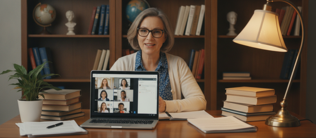 A serene home office scene depicting a professional English teacher engaging in an online lesson. In the foreground, a middle-aged woman with glasses wearing a smart casual outfit, sitting at her desk with a laptop open. She is surrounded by books, study materials, and a potted plant, conveying a scholarly atmosphere. In the middle, the screen displays a digital classroom interface with students’ faces visible during a live session, showcasing interaction. The background includes a well-organized bookshelf filled with English literature, adding depth and context. Soft, warm lighting from a desk lamp illuminates the workspace, creating a cozy and inviting mood. The angle is slightly elevated, focusing on the teacher's engaged expression and vibrant workspace, emphasizing the essence of online learning and selection of English tutors. A serene home office scene depicting a professional English teacher engaging in an online lesson. In the foreground, a middle-aged woman with glasses wearing a smart casual outfit, sitting at her desk with a laptop open. She is surrounded by books, study materials, and a potted plant, conveying a scholarly atmosphere. In the middle, the screen displays a digital classroom interface with students’ faces visible during a live session, showcasing interaction. The background includes a well-organized bookshelf filled with English literature, adding depth and context. Soft, warm lighting from a desk lamp illuminates the workspace, creating a cozy and inviting mood. The angle is slightly elevated, focusing on the teacher's engaged expression and vibrant workspace, emphasizing the essence of online learning and selection of English tutors.