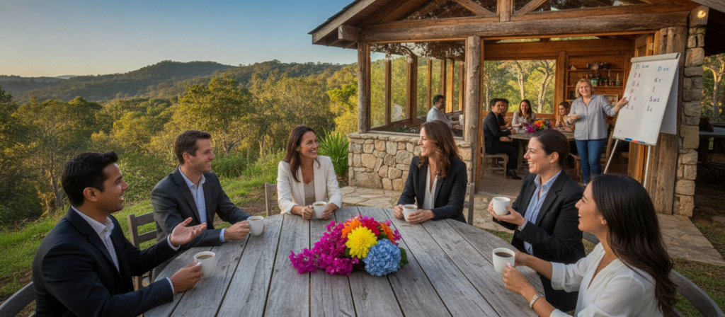 A serene language immersion retreat scene in a lush natural environment. In the foreground, a diverse group of adults, dressed in smart casual attire, engages in a lively conversation over coffee at an outdoor table, surrounded by vibrant flowers. The middle layer features a cozy, rustic wooden cabin with large windows, where small group activities are taking place, with participants practicing a new language while guided by an attentive instructor. In the background, rolling hills under a clear blue sky create a peaceful atmosphere, with trees swaying gently in the breeze. Soft, warm lighting casts a welcoming glow, emphasizing the collaborative and immersive learning experience, inviting viewers to explore the human-led instruction approach. The composition is shot from a slightly elevated angle to capture the full essence of the retreat's environment and interaction.