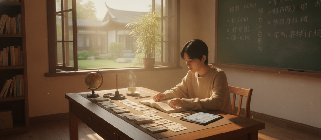 A serene study room filled with educational materials about the Chinese language. In the foreground, a young adult studying diligently at a wooden desk covered with Chinese character flashcards and textbooks. A large open window in the middle ground allows soft sunlight to illuminate the space, casting gentle shadows. In the background, a chalkboard filled with handwritten Chinese characters and grammar notes creates an atmosphere of learning. A potted plant beside the window adds a touch of nature. The overall mood is focused yet inviting, conveying the challenges and beauty of learning Chinese. The image should be captured from a slight angle, emphasizing the desk and study materials, with a warm color palette to enhance the feeling of a cozy learning environment. A serene study room filled with educational materials about the Chinese language. In the foreground, a young adult studying diligently at a wooden desk covered with Chinese character flashcards and textbooks. A large open window in the middle ground allows soft sunlight to illuminate the space, casting gentle shadows. In the background, a chalkboard filled with handwritten Chinese characters and grammar notes creates an atmosphere of learning. A potted plant beside the window adds a touch of nature. The overall mood is focused yet inviting, conveying the challenges and beauty of learning Chinese. The image should be captured from a slight angle, emphasizing the desk and study materials, with a warm color palette to enhance the feeling of a cozy learning environment.