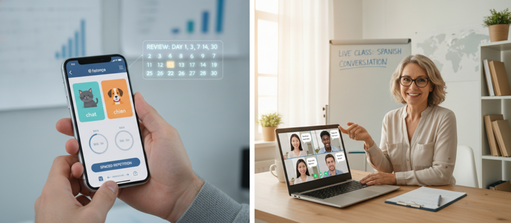 A split-screen illustration depicting the concept of language learning through a mobile app featuring spaced repetition on one side, and an online language teacher on the other. In the foreground, show a user engaging with the language learning app on a sleek smartphone, with colorful flashcards and visual prompts. The middle ground features a professional online teacher in a well-lit home office setting, teaching a diverse group of students via video chat on a laptop. Background elements include a digital calendar highlighting spaced repetition intervals and educational charts. The atmosphere should be bright and engaging, showcasing modern technology in a learning environment, with soft, natural lighting to enhance focus and clarity.