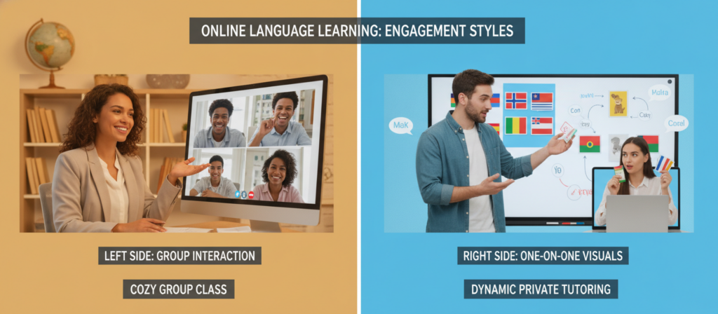 A split-screen image illustrating a comparison of teaching styles in online language classes. On the left, a friendly tutor dressed in professional attire is engaging with a small group of diverse students via a video call, with warm lighting and a cozy home office background featuring language learning books. On the right, another tutor in smart casual clothing is conducting a lively one-on-one session with a student, using colorful visual aids and a whiteboard in a modern setting. The composition should emphasize interaction, engagement, and the contrasting approaches, with both sides balanced harmoniously. The overall mood is positive and educational, highlighting the effectiveness of online language learning. A split-screen image illustrating a comparison of teaching styles in online language classes. On the left, a friendly tutor dressed in professional attire is engaging with a small group of diverse students via a video call, with warm lighting and a cozy home office background featuring language learning books. On the right, another tutor in smart casual clothing is conducting a lively one-on-one session with a student, using colorful visual aids and a whiteboard in a modern setting. The composition should emphasize interaction, engagement, and the contrasting approaches, with both sides balanced harmoniously. The overall mood is positive and educational, highlighting the effectiveness of online language learning.