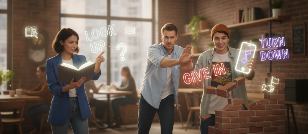 A vibrant and engaging illustration depicting the concept of everyday English phrasal verbs in action. In the foreground, a diverse group of three people, a woman in smart casual attire, a man in a collared shirt, and a young adult in relaxed yet neat clothing, are interacting with visual representations of phrasal verbs like "look up," "give in," and "turn down." In the middle ground, subtle icons or images representing these verbs can be seen, such as a book opening, a hand signaling a stop, or a phone being answered. The background features a cozy café setting with warm, inviting lighting, emphasizing a casual conversation atmosphere. The overall mood is friendly and dynamic, showcasing the essence of daily interactions. Use a soft focus lens for a warm tone.