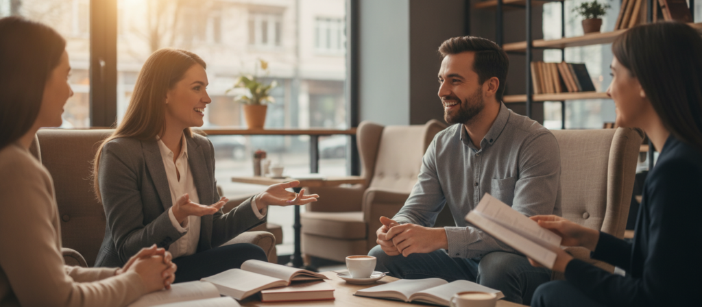 A vibrant café scene featuring a small group of diverse individuals engaged in lively English conversation. In the foreground, a woman in professional attire animatedly gestures while speaking to a man in casual yet neat clothing, encouraging an inclusive atmosphere of discussion. The expressions on their faces reflect confidence and enthusiasm. In the middle ground, two friends practice conversational skills, one gesturing with a notebook, showcasing an interactive learning moment. The background reveals a cozy café environment, with warm lighting filtering through large windows, creating an inviting ambiance. The overall mood is supportive and encouraging, emphasizing the importance of real conversations for building English speaking confidence. The composition is bright and engaging, captured with a soft focus effect for a warm, welcoming vibe. A vibrant café scene featuring a small group of diverse individuals engaged in lively English conversation. In the foreground, a woman in professional attire animatedly gestures while speaking to a man in casual yet neat clothing, encouraging an inclusive atmosphere of discussion. The expressions on their faces reflect confidence and enthusiasm. In the middle ground, two friends practice conversational skills, one gesturing with a notebook, showcasing an interactive learning moment. The background reveals a cozy café environment, with warm lighting filtering through large windows, creating an inviting ambiance. The overall mood is supportive and encouraging, emphasizing the importance of real conversations for building English speaking confidence. The composition is bright and engaging, captured with a soft focus effect for a warm, welcoming vibe.