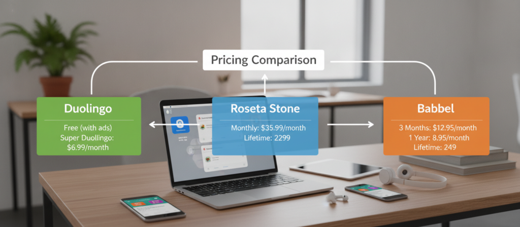 Comparison chart showing different online language-learning formats and pricing structures