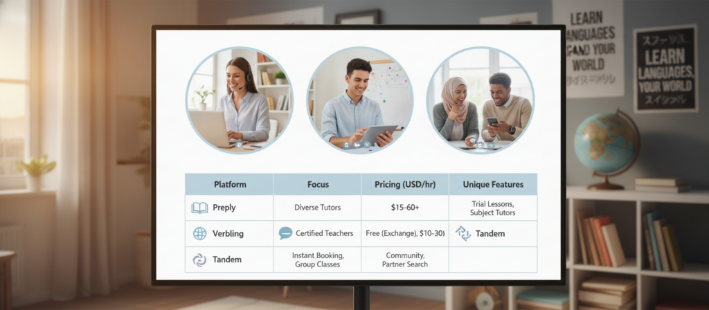 A comparison of personalised language-learning options, including private online lessons, structured group classes, conversation practice and independent study tools.