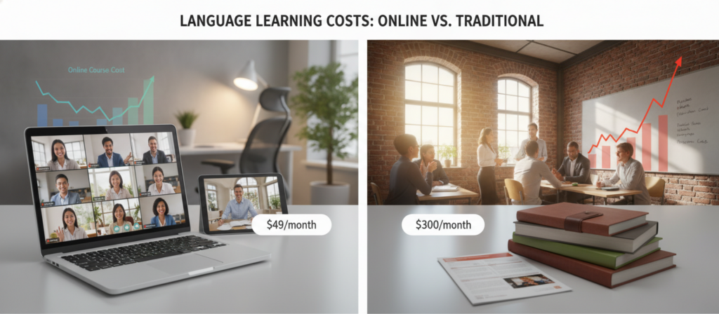 A visually engaging comparison of language course costs, showcasing online classes versus traditional language schools. In the foreground, a modern laptop with a vibrant screen displaying a virtual classroom with diverse students in professional attire, engaged in interactive learning. Beside it, a stack of books symbolizing traditional language education. The middle layer features a split scene: one side depicting a cozy, organized home office with warm lighting, and the other side showing a welcoming, rustic language school environment with natural light streaming through large windows. The background includes a blurred chart or graph illustrating cost comparisons, adding depth to the image. The overall mood is informative yet inviting, emphasizing flexibility and accessibility in language learning options. A visually engaging comparison of language course costs, showcasing online classes versus traditional language schools. In the foreground, a modern laptop with a vibrant screen displaying a virtual classroom with diverse students in professional attire, engaged in interactive learning. Beside it, a stack of books symbolizing traditional language education. The middle layer features a split scene: one side depicting a cozy, organized home office with warm lighting, and the other side showing a welcoming, rustic language school environment with natural light streaming through large windows. The background includes a blurred chart or graph illustrating cost comparisons, adding depth to the image. The overall mood is informative yet inviting, emphasizing flexibility and accessibility in language learning options.