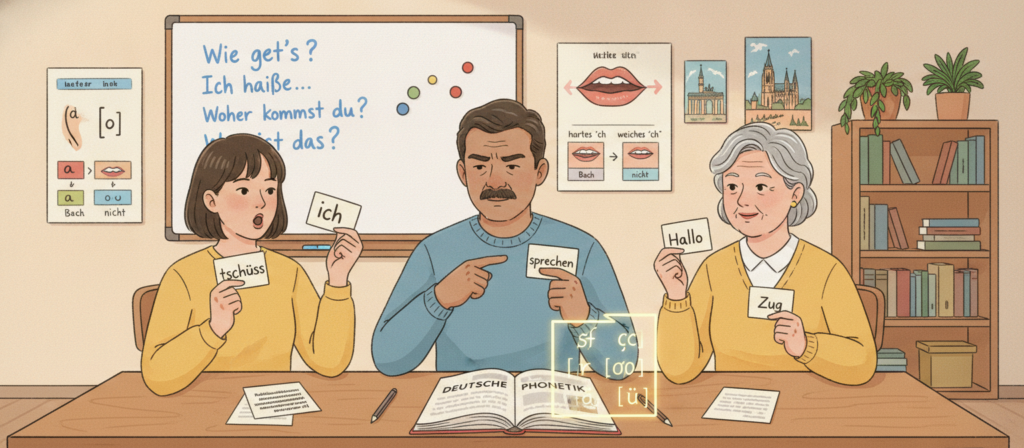 A visually engaging illustration for beginners in learning German pronunciation. In the foreground, a diverse group of three learners (a young woman of Asian descent, a middle-aged man of Hispanic descent, and a senior woman of Caucasian descent) are seated at a table, focused on pronunciation practice with flashcards displaying German words. The middle layer features an open textbook on German phonetics, with phonetic symbols highlighted. In the background, a softly lit classroom scene with a large whiteboard filled with basic German phrases, colorful charts illustrating vowel sounds, and images of German landmarks to enhance learning. Warm ambient lighting creates a welcoming atmosphere, captured from an eye-level angle to encourage connection and engagement with the subject matter.