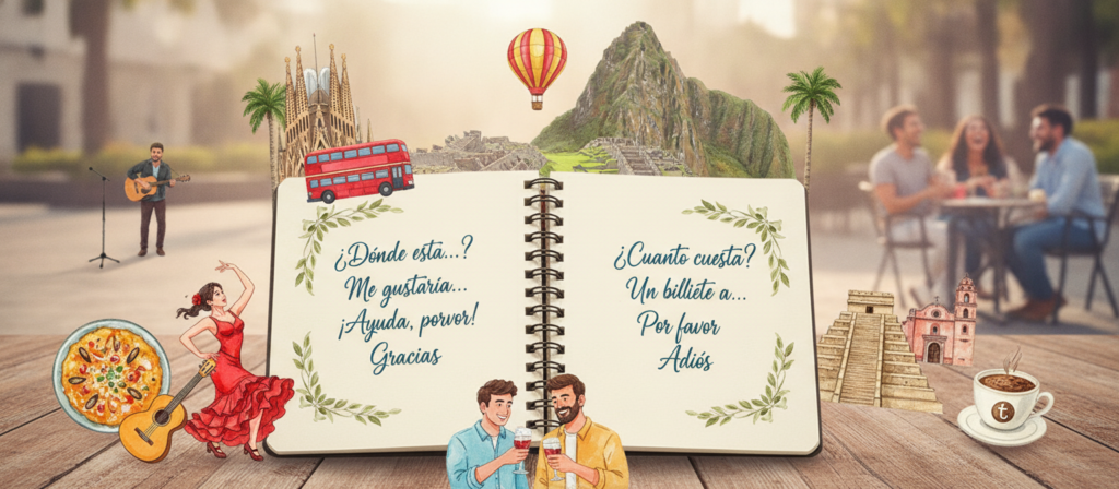 A visually engaging layout of essential Spanish phrases for tourists, surrounded by vibrant imagery from popular destinations in Spain and Latin America. In the foreground, a beautifully designed, open travel notebook with neatly written phrases in elegant calligraphy, such as "¿Dónde está…?", "Me gustaría…", and "¡Ayuda, por favor!". In the middle, colorful illustrations of traditional food, cultural landmarks, and friendly local scenes. The background features a sunny outdoor plaza with people in modest casual clothing enjoying their day, creating a warm and inviting atmosphere. Soft, natural lighting highlights the notebook, with a slightly blurred bokeh effect on the background, giving a sense of liveliness and approachability. The overall mood is cheerful and informative, emphasizing the ease of communication while traveling.