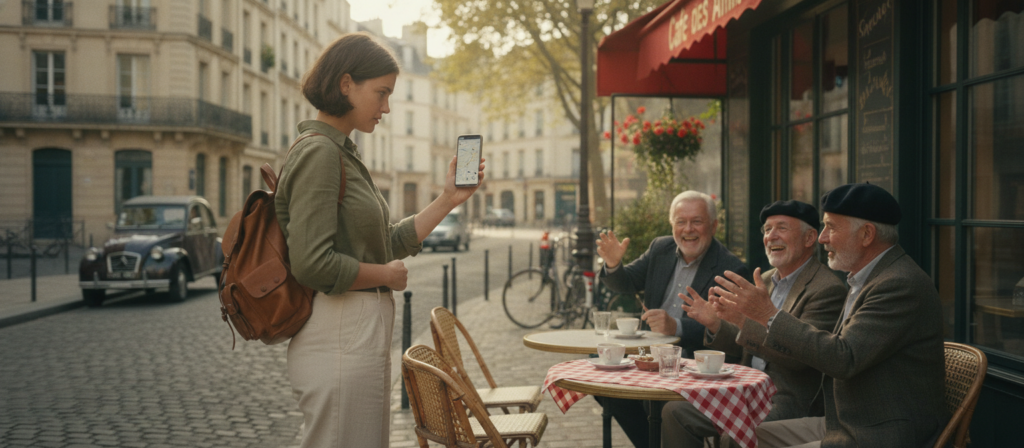 A visually engaging scene depicting a traveler in a quaint French street, seeking directions. In the foreground, a young adult dressed in smart casual clothing is using a smartphone, looking slightly puzzled yet curious. The middle ground features a charming café with outdoor seating where locals are discussing animatedly, enhancing the authentic atmosphere. The background showcases classic Parisian architecture, with a cobblestone street winding through a vibrant neighborhood. Soft, natural lighting filters through the trees, casting gentle shadows and creating a warm, welcoming mood. The overall tone of the image conveys a sense of adventure and the excitement of exploring a new place, reflecting the theme of asking for help and directions in a foreign city. A visually engaging scene depicting a traveler in a quaint French street, seeking directions. In the foreground, a young adult dressed in smart casual clothing is using a smartphone, looking slightly puzzled yet curious. The middle ground features a charming café with outdoor seating where locals are discussing animatedly, enhancing the authentic atmosphere. The background showcases classic Parisian architecture, with a cobblestone street winding through a vibrant neighborhood. Soft, natural lighting filters through the trees, casting gentle shadows and creating a warm, welcoming mood. The overall tone of the image conveys a sense of adventure and the excitement of exploring a new place, reflecting the theme of asking for help and directions in a foreign city.