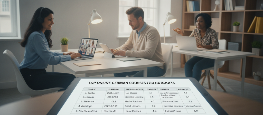 A visually informative comparison chart depicting the best online German courses for UK adults, prominently featured in the foreground, showcasing course names, features, and ratings. In the middle ground, include diverse adult learners engaged in virtual classes via laptops and tablets, dressed in smart casual attire, with expressions of curiosity and focus. The background features subtle elements of a modern study environment, such as bookshelves and fair lighting, creating a warm and inviting atmosphere. Use soft lighting to enhance the mood of productivity and learning, with a slight depth of field effect to draw attention to the comparison chart. Capture this scene from a slightly elevated angle to provide a comprehensive view. A visually informative comparison chart depicting the best online German courses for UK adults, prominently featured in the foreground, showcasing course names, features, and ratings. In the middle ground, include diverse adult learners engaged in virtual classes via laptops and tablets, dressed in smart casual attire, with expressions of curiosity and focus. The background features subtle elements of a modern study environment, such as bookshelves and fair lighting, creating a warm and inviting atmosphere. Use soft lighting to enhance the mood of productivity and learning, with a slight depth of field effect to draw attention to the comparison chart. Capture this scene from a slightly elevated angle to provide a comprehensive view.