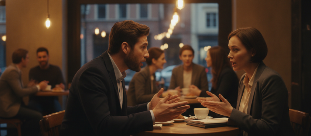 A visually rich scene depicting a cozy café setting where people are engaged in conversation, sharing their opinions. In the foreground, two individuals, one male and one female, are seated at a small table, sincerely discussing with animated expressions. They are dressed in professional business attire, such as a blazer and a button-up shirt, embodying a casual yet polished atmosphere. The middle ground features additional patrons engaged in light conversation, creating a sense of community. In the background, warm lighting emanates from hanging bulbs, casting a soft glow, enhancing the inviting ambiance. The overall mood is warm and friendly, illustrating the essence of everyday expressions for sharing opinions in a relaxed social environment. Focused, slightly blurred depth of field enhances the foreground subjects, creating a sense of intimacy. A visually rich scene depicting a cozy café setting where people are engaged in conversation, sharing their opinions. In the foreground, two individuals, one male and one female, are seated at a small table, sincerely discussing with animated expressions. They are dressed in professional business attire, such as a blazer and a button-up shirt, embodying a casual yet polished atmosphere. The middle ground features additional patrons engaged in light conversation, creating a sense of community. In the background, warm lighting emanates from hanging bulbs, casting a soft glow, enhancing the inviting ambiance. The overall mood is warm and friendly, illustrating the essence of everyday expressions for sharing opinions in a relaxed social environment. Focused, slightly blurred depth of field enhances the foreground subjects, creating a sense of intimacy.