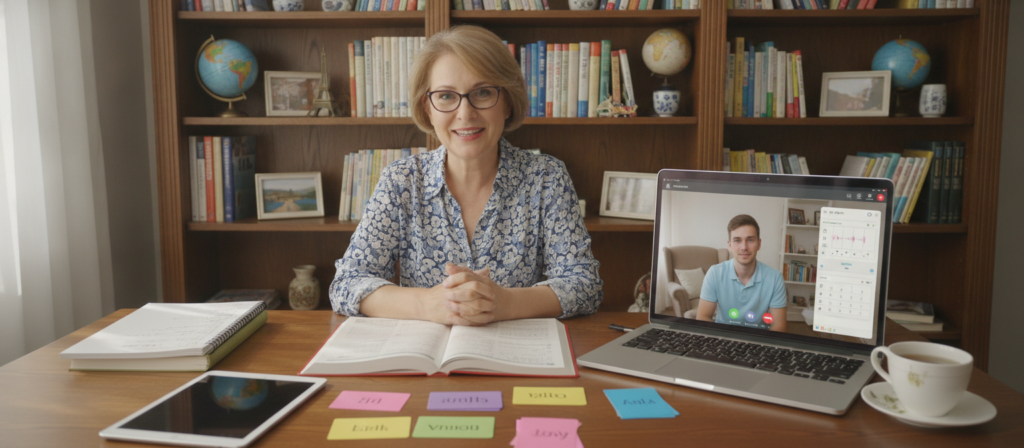 A warm and inviting online language tutoring session, featuring a professional language tutor and an engaged student on a video call. In the foreground, the tutor, a middle-aged woman with glasses, is sitting at a tidy desk covered with language materials and stationery, wearing a smart casual blouse. The student, a young man wearing a polo shirt, is attentively listening from his cozy home setup. In the middle ground, a laptop screen displays interactive language learning tools. The background features well-organized bookshelves filled with language books and cultural decorations to create an inspiring atmosphere. Soft, natural lighting highlights the subjects, creating a friendly and focused environment for personalized learning. The camera angle is slightly elevated, capturing the tutor's enthusiastic expression. A warm and inviting online language tutoring session, featuring a professional language tutor and an engaged student on a video call. In the foreground, the tutor, a middle-aged woman with glasses, is sitting at a tidy desk covered with language materials and stationery, wearing a smart casual blouse. The student, a young man wearing a polo shirt, is attentively listening from his cozy home setup. In the middle ground, a laptop screen displays interactive language learning tools. The background features well-organized bookshelves filled with language books and cultural decorations to create an inspiring atmosphere. Soft, natural lighting highlights the subjects, creating a friendly and focused environment for personalized learning. The camera angle is slightly elevated, capturing the tutor's enthusiastic expression.