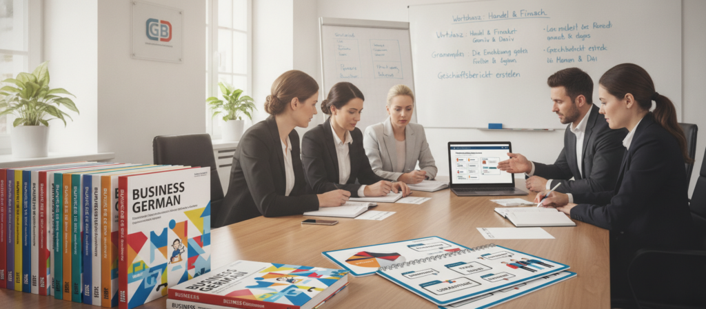 A well-organized office environment showcasing an array of business German training tools designed for employees. In the foreground, there are several colorful training books and manuals titled "Business German" with visuals such as charts and flashcards. In the middle ground, a laptop displays an interactive learning module, surrounded by a modern meeting table with professional business attire-clad individuals engaged in a training session, focusing intently on their materials. The background features a whiteboard with vocabulary and grammar points written methodically. Soft, natural light streams in from large windows, casting gentle shadows, creating a welcoming and productive atmosphere. The scene emphasizes collaboration and growth in a corporate setting.