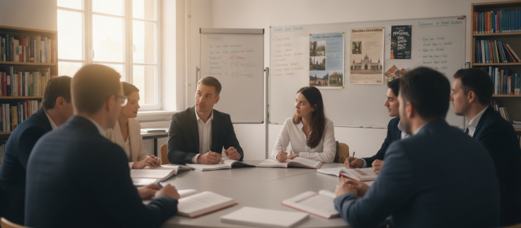 A cozy classroom setting designed for German language immersion, featuring B2 level learners engaged in interactive practice. In the foreground, a diverse group of adult learners, dressed in professional business attire, are seated at a circular table, enthusiastically discussing ideas while reviewing German language materials. In the middle, a whiteboard filled with vocabulary and grammar notes stands prominently, along with a colorful poster showcasing German culture. In the background, warm natural light filters through large windows, casting a soft glow, while shelves filled with German books and resources add depth to the scene. The atmosphere is vibrant and focused, embodying commitment to language learning and cultural exchange, captured with a slightly shallow depth of field to keep the learners in sharp focus. A cozy classroom setting designed for German language immersion, featuring B2 level learners engaged in interactive practice. In the foreground, a diverse group of adult learners, dressed in professional business attire, are seated at a circular table, enthusiastically discussing ideas while reviewing German language materials. In the middle, a whiteboard filled with vocabulary and grammar notes stands prominently, along with a colorful poster showcasing German culture. In the background, warm natural light filters through large windows, casting a soft glow, while shelves filled with German books and resources add depth to the scene. The atmosphere is vibrant and focused, embodying commitment to language learning and cultural exchange, captured with a slightly shallow depth of field to keep the learners in sharp focus.