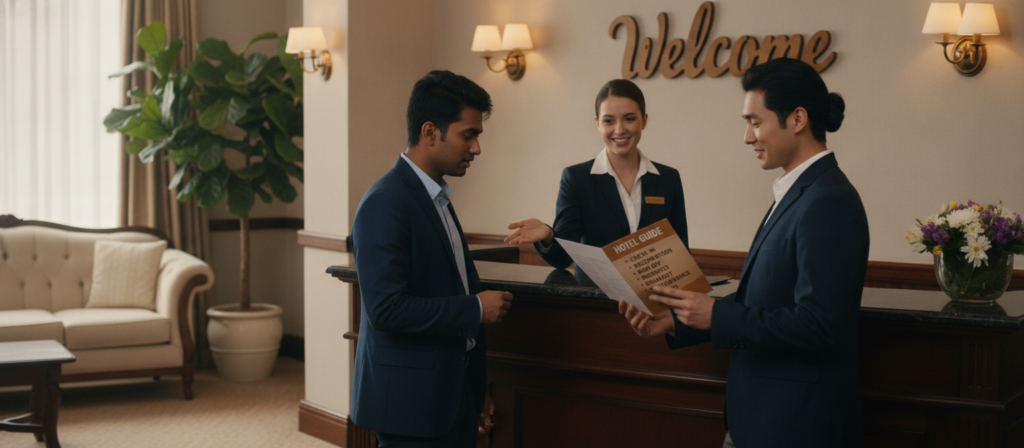 A cozy hotel reception area designed to convey hospitality and tourism in an English-speaking country. In the foreground, a friendly receptionist behind a polished desk, dressed in professional business attire, warmly welcoming guests. In the middle, tourists of diverse backgrounds, looking at a hotel information brochure showcasing key English vocabulary for travelers, such as "check-in," "reservation," and "amenities." The background features welcoming decor, including a lush indoor plant, soft lighting, and a prominent sign displaying "Welcome" in elegant typography. The scene captures a warm atmosphere, inviting and friendly, with a focus on communication and learning in a hotel setting. The lighting is soft and natural, evoking comfort and approachability. A cozy hotel reception area designed to convey hospitality and tourism in an English-speaking country. In the foreground, a friendly receptionist behind a polished desk, dressed in professional business attire, warmly welcoming guests. In the middle, tourists of diverse backgrounds, looking at a hotel information brochure showcasing key English vocabulary for travelers, such as "check-in," "reservation," and "amenities." The background features welcoming decor, including a lush indoor plant, soft lighting, and a prominent sign displaying "Welcome" in elegant typography. The scene captures a warm atmosphere, inviting and friendly, with a focus on communication and learning in a hotel setting. The lighting is soft and natural, evoking comfort and approachability.