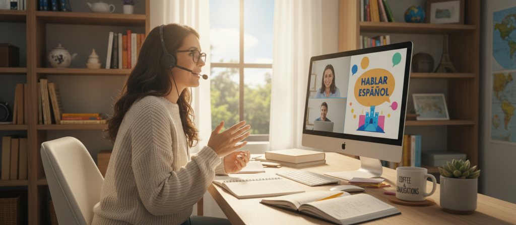A cozy, modern home office scene that captures the essence of private online language lessons. In the foreground, a professional-looking individual sits at a sleek desk, wearing casual yet polished attire, engaged in a virtual lesson. The computer screen displays colorful educational materials, while notes and a coffee mug add a personal touch. In the middle ground, a large window lets in warm, natural light, illuminating the space and creating a welcoming atmosphere. Bookshelves filled with language books and cultural artifacts fill the background, emphasizing the educational theme. The mood is focused and inspiring, highlighting the benefits of flexible scheduling in private lessons. The image should be bright, airy, and encourage a sense of motivation and learning.