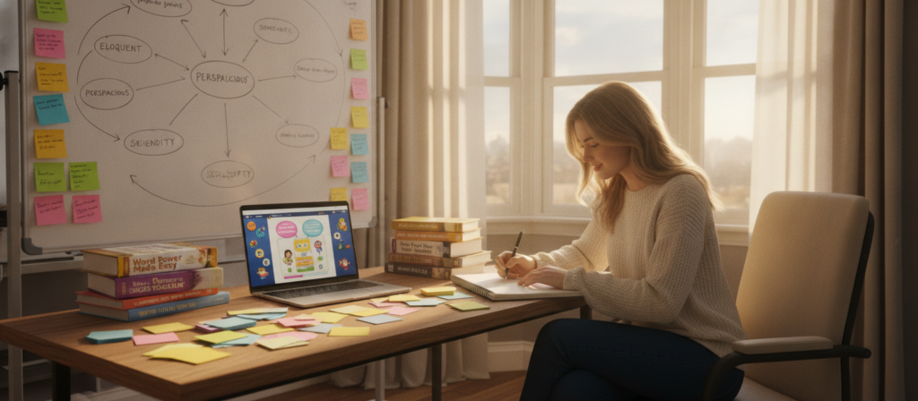 A cozy study room filled with an array of vocabulary study techniques. In the foreground, a desk cluttered with colorful flashcards, a laptop showing an online vocabulary game, and a stack of engaging books. In the middle, a whiteboard displaying mind maps with interconnected words, surrounded by sticky notes with definitions. The background features a window letting in warm, soft lighting that creates an inviting atmosphere. A professional woman in smart casual attire sits at the desk, focused and writing in a notebook. The mood is energetic and proactive, emphasizing a vibrant learning environment aimed at boosting word power and improving English vocabulary skills. A cozy study room filled with an array of vocabulary study techniques. In the foreground, a desk cluttered with colorful flashcards, a laptop showing an online vocabulary game, and a stack of engaging books. In the middle, a whiteboard displaying mind maps with interconnected words, surrounded by sticky notes with definitions. The background features a window letting in warm, soft lighting that creates an inviting atmosphere. A professional woman in smart casual attire sits at the desk, focused and writing in a notebook. The mood is energetic and proactive, emphasizing a vibrant learning environment aimed at boosting word power and improving English vocabulary skills.