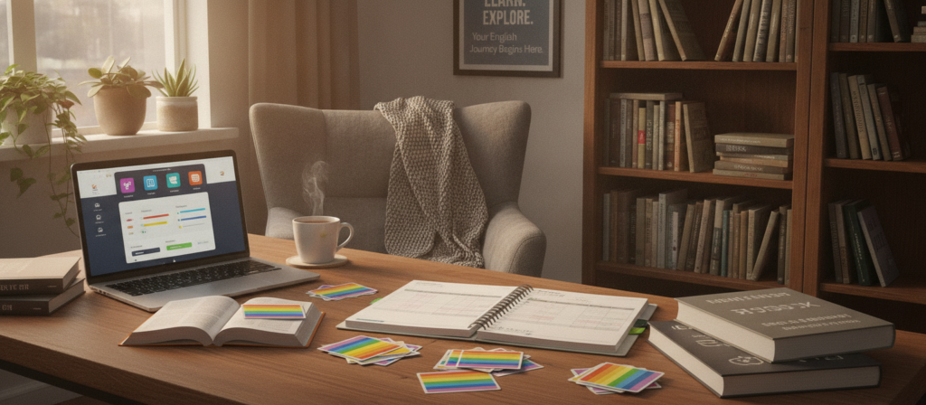 A cozy, well-organized study space filled with various English learning resources. In the foreground, a wooden desk cluttered with colorful flashcards, grammar books, and a neatly arranged planner open to a study schedule. A laptop is displaying an interactive language learning app. In the middle ground, a comfortable chair with a soft cushion, a bookshelf filled with novels and dictionaries, and a motivational poster about language learning on the wall. The background softly illuminated by warm, natural light coming through a window, with potted plants adding a touch of greenery. The atmosphere feels inspiring and productive, ideal for focused study sessions. A cozy, well-organized study space filled with various English learning resources. In the foreground, a wooden desk cluttered with colorful flashcards, grammar books, and a neatly arranged planner open to a study schedule. A laptop is displaying an interactive language learning app. In the middle ground, a comfortable chair with a soft cushion, a bookshelf filled with novels and dictionaries, and a motivational poster about language learning on the wall. The background softly illuminated by warm, natural light coming through a window, with potted plants adding a touch of greenery. The atmosphere feels inspiring and productive, ideal for focused study sessions.