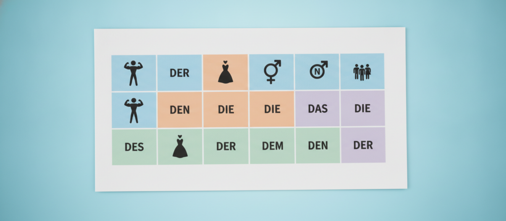 A detailed German case endings chart, prominently displaying the nominative, accusative, dative, and genitive articles. The foreground features neatly organized sections for each case, using distinct colors for clarity. In the middle, vibrant icons representing masculine, feminine, neuter, and plural nouns visually enhance understanding. The background is a subtle gradient of soft blues and whites, creating a calming atmosphere conducive to learning. The lighting is bright and even, emphasizing the chart's details without harsh shadows. The composition is clean and professional, evoking a mood of educational simplicity and accessibility, perfect for illustrating the concept of German cases in a structured manner. No text overlays or extraneous elements are included. A detailed German case endings chart, prominently displaying the nominative, accusative, dative, and genitive articles. The foreground features neatly organized sections for each case, using distinct colors for clarity. In the middle, vibrant icons representing masculine, feminine, neuter, and plural nouns visually enhance understanding. The background is a subtle gradient of soft blues and whites, creating a calming atmosphere conducive to learning. The lighting is bright and even, emphasizing the chart's details without harsh shadows. The composition is clean and professional, evoking a mood of educational simplicity and accessibility, perfect for illustrating the concept of German cases in a structured manner. No text overlays or extraneous elements are included.