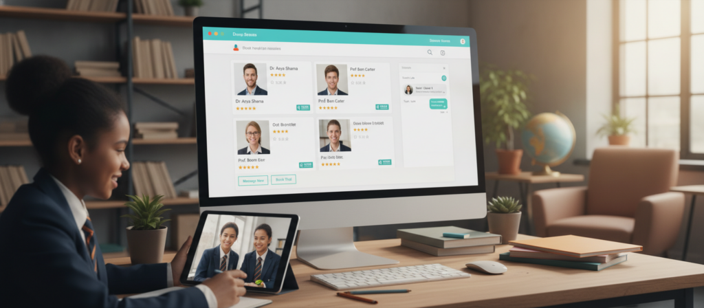 A modern, DBS-checked tutor matching platform interface on a sleek computer screen, featuring a user-friendly layout and vibrant colors. In the foreground, a diverse group of students in professional attire is engaged in a video call with tutors, showcasing expressions of focus and excitement. The middle ground displays a floating graphical interface with highlighted profiles, stars rating system, and instant messaging features, all reflecting a seamless digital experience. In the background, soft ambient lighting creates a welcoming atmosphere in a cozy study room filled with books and educational materials. The scene captures the essence of connectivity in online learning, emphasizing trust and professionalism in matching tutors with students. A modern, DBS-checked tutor matching platform interface on a sleek computer screen, featuring a user-friendly layout and vibrant colors. In the foreground, a diverse group of students in professional attire is engaged in a video call with tutors, showcasing expressions of focus and excitement. The middle ground displays a floating graphical interface with highlighted profiles, stars rating system, and instant messaging features, all reflecting a seamless digital experience. In the background, soft ambient lighting creates a welcoming atmosphere in a cozy study room filled with books and educational materials. The scene captures the essence of connectivity in online learning, emphasizing trust and professionalism in matching tutors with students.