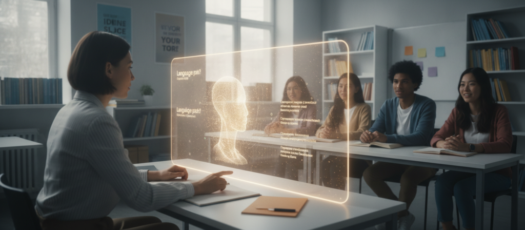 A modern, bright classroom setting showcasing a collaborative interaction between an AI and a human tutor for language learning. In the foreground, a female tutor, dressed in smart casual attire, is seated at a desk, engaging with a holographic interface displaying language exercises and translations. The AI is represented as an abstract, glowing digital figure, radiating warmth and intelligence. In the middle ground, a diverse group of students, appearing eager and engaged, are observing this innovative teaching method. The background features bookshelves filled with language resources and motivational posters. Soft, natural light streams through large windows, creating a welcoming and inspiring atmosphere. The composition captures the synergy between traditional tutoring and advanced technology, emphasizing a future of inclusive and effective language education. A modern, bright classroom setting showcasing a collaborative interaction between an AI and a human tutor for language learning. In the foreground, a female tutor, dressed in smart casual attire, is seated at a desk, engaging with a holographic interface displaying language exercises and translations. The AI is represented as an abstract, glowing digital figure, radiating warmth and intelligence. In the middle ground, a diverse group of students, appearing eager and engaged, are observing this innovative teaching method. The background features bookshelves filled with language resources and motivational posters. Soft, natural light streams through large windows, creating a welcoming and inspiring atmosphere. The composition captures the synergy between traditional tutoring and advanced technology, emphasizing a future of inclusive and effective language education.