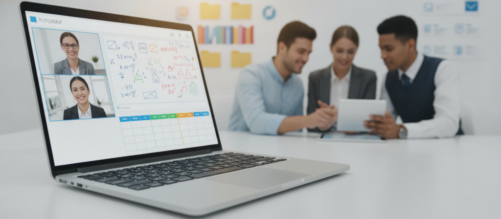 A modern online learning platform showcasing key features for tutoring sessions. In the foreground, a sleek laptop sits open, displaying a vibrant, user-friendly interface with features like video chat, interactive whiteboards, and a colorful calendar. In the middle, a diverse group of students in professional business attire engages in virtual tutoring, appearing focused and collaborative. The background features a well-organized digital library and tools for assessments, all illuminated by soft, diffused lighting creating a warm, inviting atmosphere. The angle is slightly tilted to emphasize the screen’s contents while capturing the interaction between the students, conveying a mood of productivity and engagement in a dynamic educational environment. A modern online learning platform showcasing key features for tutoring sessions. In the foreground, a sleek laptop sits open, displaying a vibrant, user-friendly interface with features like video chat, interactive whiteboards, and a colorful calendar. In the middle, a diverse group of students in professional business attire engages in virtual tutoring, appearing focused and collaborative. The background features a well-organized digital library and tools for assessments, all illuminated by soft, diffused lighting creating a warm, inviting atmosphere. The angle is slightly tilted to emphasize the screen’s contents while capturing the interaction between the students, conveying a mood of productivity and engagement in a dynamic educational environment.