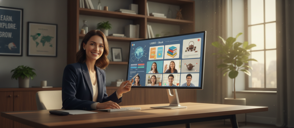 A modern, virtual language lesson scene featuring an adaptable online tutor engaging with a diverse group of eager learners through their laptops. In the foreground, a professional tutor in smart casual attire, sitting comfortably at a chic desk, interacts with students via a large screen. The middle ground displays a virtual classroom interface with vibrant lessons displayed, including maps, vocabulary flashcards, and cultural artifacts. In the background, a stylish, well-lit room with bookshelves and motivational posters creates an inviting atmosphere. Soft, natural lighting shines through a nearby window, suggesting a warm, friendly environment conducive to learning. The overall mood is focused yet friendly, capturing the essence of personalized, engaging online education. A modern, virtual language lesson scene featuring an adaptable online tutor engaging with a diverse group of eager learners through their laptops. In the foreground, a professional tutor in smart casual attire, sitting comfortably at a chic desk, interacts with students via a large screen. The middle ground displays a virtual classroom interface with vibrant lessons displayed, including maps, vocabulary flashcards, and cultural artifacts. In the background, a stylish, well-lit room with bookshelves and motivational posters creates an inviting atmosphere. Soft, natural lighting shines through a nearby window, suggesting a warm, friendly environment conducive to learning. The overall mood is focused yet friendly, capturing the essence of personalized, engaging online education.