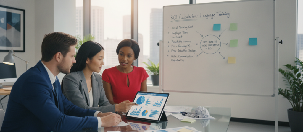 A professional setting illustrating "training cost calculation for language training ROI." Foreground features a diverse group of three business professionals—one man and two women—dressed in smart business attire, engaged in discussion around a large tablet displaying charts and graphs. In the middle ground, a whiteboard outlines key steps for calculating ROI, with colorful markers and sticky notes cluttering the space. The background includes a sleek office environment with large windows, allowing natural light to stream in, illuminating the modern decor. The atmosphere is focused and collaborative, emphasizing the importance of teamwork in financial analysis. Soft, warm lighting enhances the inviting mood, while a shallow depth of field slightly blurs the office backdrop, drawing attention to the foreground interaction. A professional setting illustrating "training cost calculation for language training ROI." Foreground features a diverse group of three business professionals—one man and two women—dressed in smart business attire, engaged in discussion around a large tablet displaying charts and graphs. In the middle ground, a whiteboard outlines key steps for calculating ROI, with colorful markers and sticky notes cluttering the space. The background includes a sleek office environment with large windows, allowing natural light to stream in, illuminating the modern decor. The atmosphere is focused and collaborative, emphasizing the importance of teamwork in financial analysis. Soft, warm lighting enhances the inviting mood, while a shallow depth of field slightly blurs the office backdrop, drawing attention to the foreground interaction.