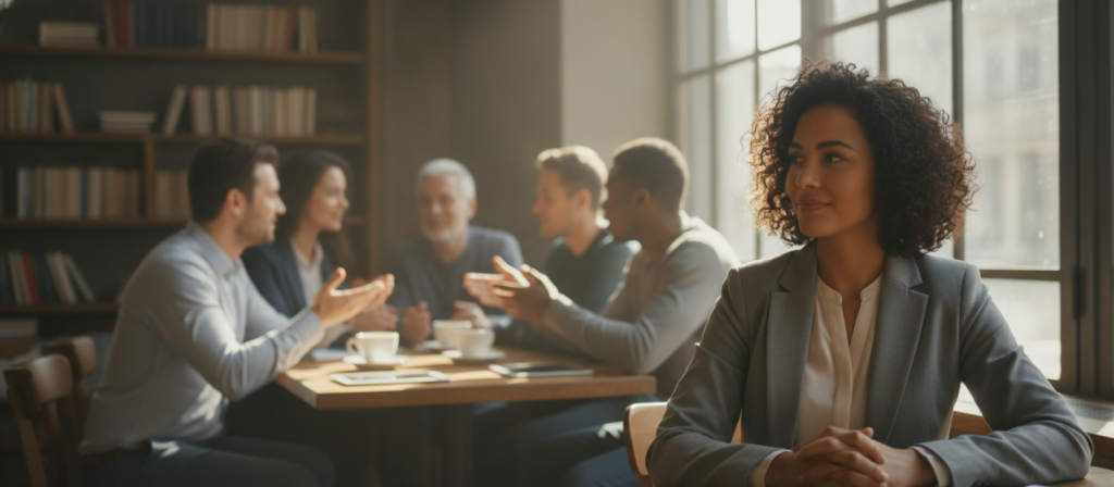 A serene scene depicting a diverse group of adults sitting in a modern, sunlit café. In the foreground, a thoughtful individual is gazing out the window, her expression reflecting a moment of clarity as she contemplates speaking in English without translation. She is dressed in professional attire, embodying focus and confidence. In the middle ground, small clusters of people engage in animated discussions, showcasing various gestures and expressions that indicate deep conversations. The background features soft, blurred outlines of bookshelves filled with language-learning resources, suggesting a nurturing environment for language acquisition. The warm morning light filters through large windows, creating an inviting atmosphere that promotes relaxation and concentration. Capture the mood of connection and understanding, emphasizing the beauty of thinking directly in a second language. A serene scene depicting a diverse group of adults sitting in a modern, sunlit café. In the foreground, a thoughtful individual is gazing out the window, her expression reflecting a moment of clarity as she contemplates speaking in English without translation. She is dressed in professional attire, embodying focus and confidence. In the middle ground, small clusters of people engage in animated discussions, showcasing various gestures and expressions that indicate deep conversations. The background features soft, blurred outlines of bookshelves filled with language-learning resources, suggesting a nurturing environment for language acquisition. The warm morning light filters through large windows, creating an inviting atmosphere that promotes relaxation and concentration. Capture the mood of connection and understanding, emphasizing the beauty of thinking directly in a second language.