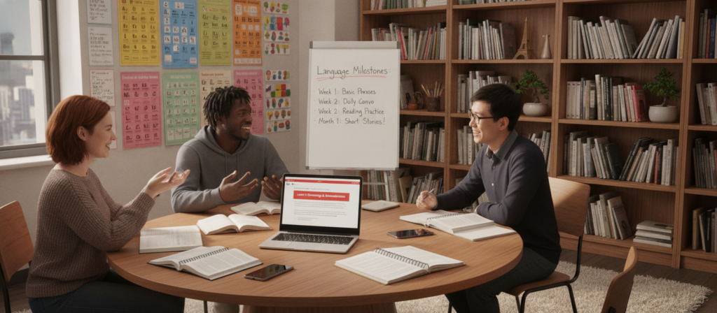 A serene study room illuminated by soft, natural light streaming through a large window, showcasing a wall filled with colorful language-learning posters. In the foreground, a diverse group of three individuals—one Caucasian, one Black, and one Asian—are engaged in focused discussions, each surrounded by books, notepads, and digital devices that reflect various language tools and resources. The middle ground presents a large wooden table with an open laptop displaying a language learning app and a whiteboard listing language milestones. In the background, cozy shelves filled with dictionaries and cultural artifacts create an inviting atmosphere. The overall mood is encouraging and collaborative, emphasizing a step-by-step approach to language learning through interaction, support, and resourcefulness. A serene study room illuminated by soft, natural light streaming through a large window, showcasing a wall filled with colorful language-learning posters. In the foreground, a diverse group of three individuals—one Caucasian, one Black, and one Asian—are engaged in focused discussions, each surrounded by books, notepads, and digital devices that reflect various language tools and resources. The middle ground presents a large wooden table with an open laptop displaying a language learning app and a whiteboard listing language milestones. In the background, cozy shelves filled with dictionaries and cultural artifacts create an inviting atmosphere. The overall mood is encouraging and collaborative, emphasizing a step-by-step approach to language learning through interaction, support, and resourcefulness.