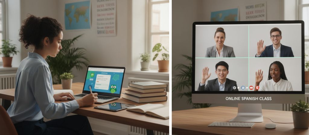 A split-image comparison portraying a Duolingo user and an online language class scenario. In the foreground, a focused young adult sitting at a desk, wearing business casual attire, engaged with a laptop displaying Duolingo's interface. To the right, a vibrant online class setup with a diverse group of students on a video call, each in professional clothing, interacting with a language instructor. The middle ground features language-learning materials like books and notes, symbolizing traditional learning. In the background, a bright, inviting study space filled with educational posters and plants, creating a productive atmosphere. Soft, natural lighting illuminates the scene, enhancing a sense of engagement and motivation. The overall mood reflects determination and enthusiasm for language learning. A split-image comparison portraying a Duolingo user and an online language class scenario. In the foreground, a focused young adult sitting at a desk, wearing business casual attire, engaged with a laptop displaying Duolingo's interface. To the right, a vibrant online class setup with a diverse group of students on a video call, each in professional clothing, interacting with a language instructor. The middle ground features language-learning materials like books and notes, symbolizing traditional learning. In the background, a bright, inviting study space filled with educational posters and plants, creating a productive atmosphere. Soft, natural lighting illuminates the scene, enhancing a sense of engagement and motivation. The overall mood reflects determination and enthusiasm for language learning.
